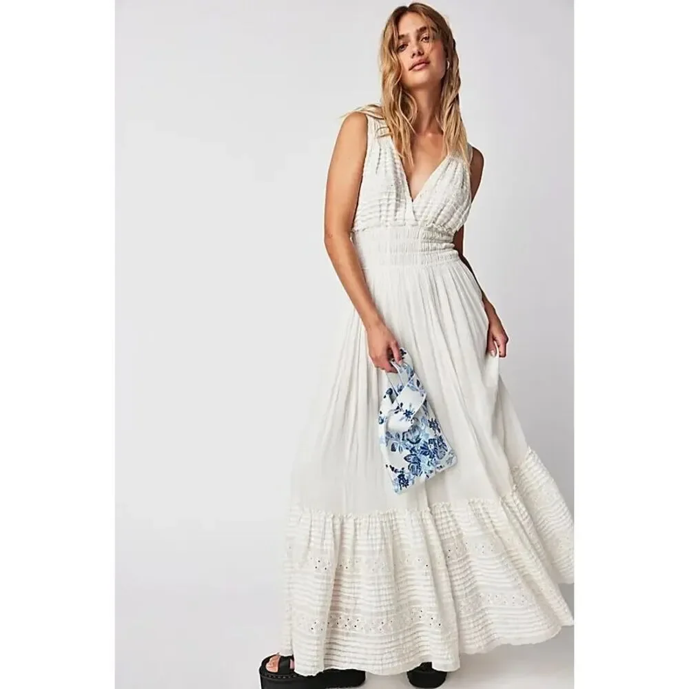 Free People FP One White Gauze Eyelet Smocked Plunge Maxi Dress Boho